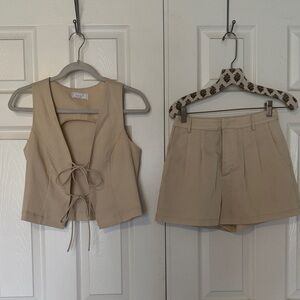 Sage Beige Lace-Up Vest and High-Waist Shorts Set